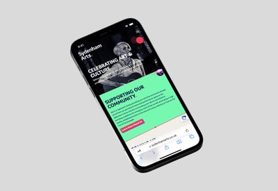 Website browser on iPhone with Sydenham Arts website open